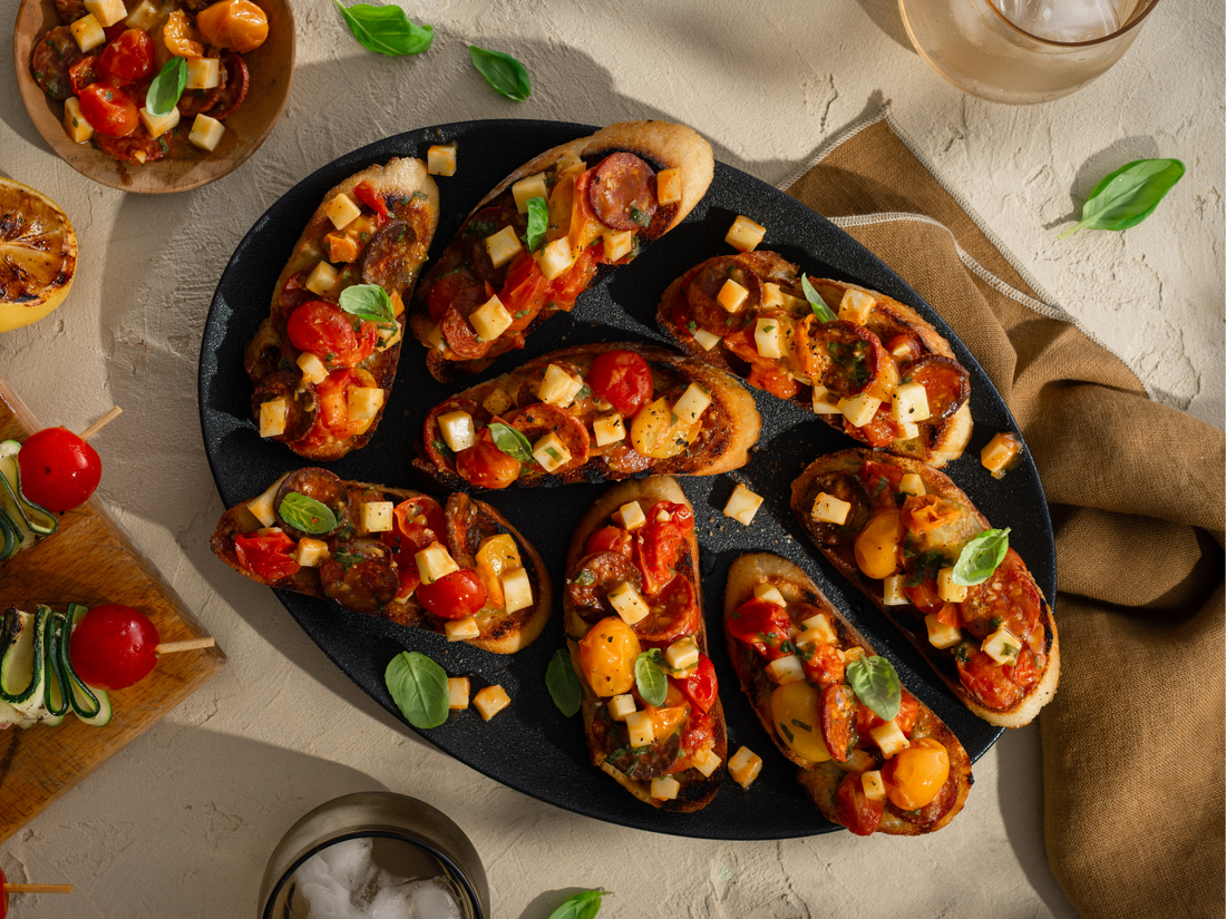 Bruschetta au chorizo et fromage fumé