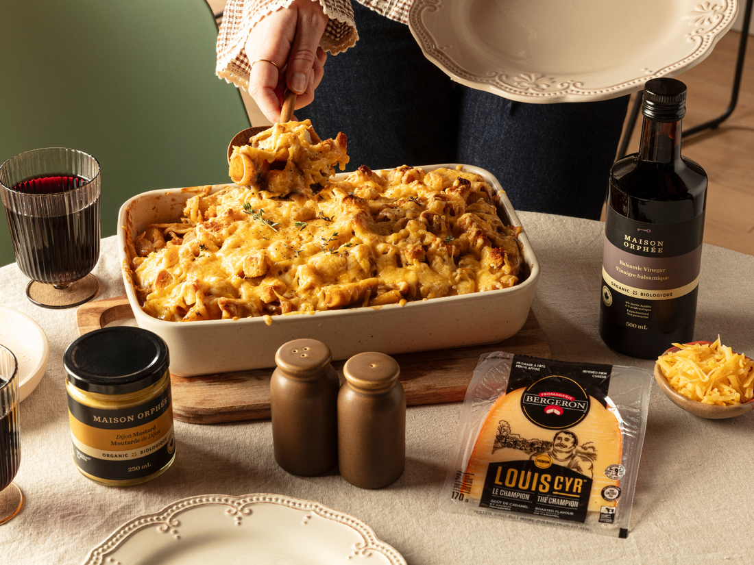 Pâtes façon soupe à l’oignon, gratinées au fromage Louis Cyr
